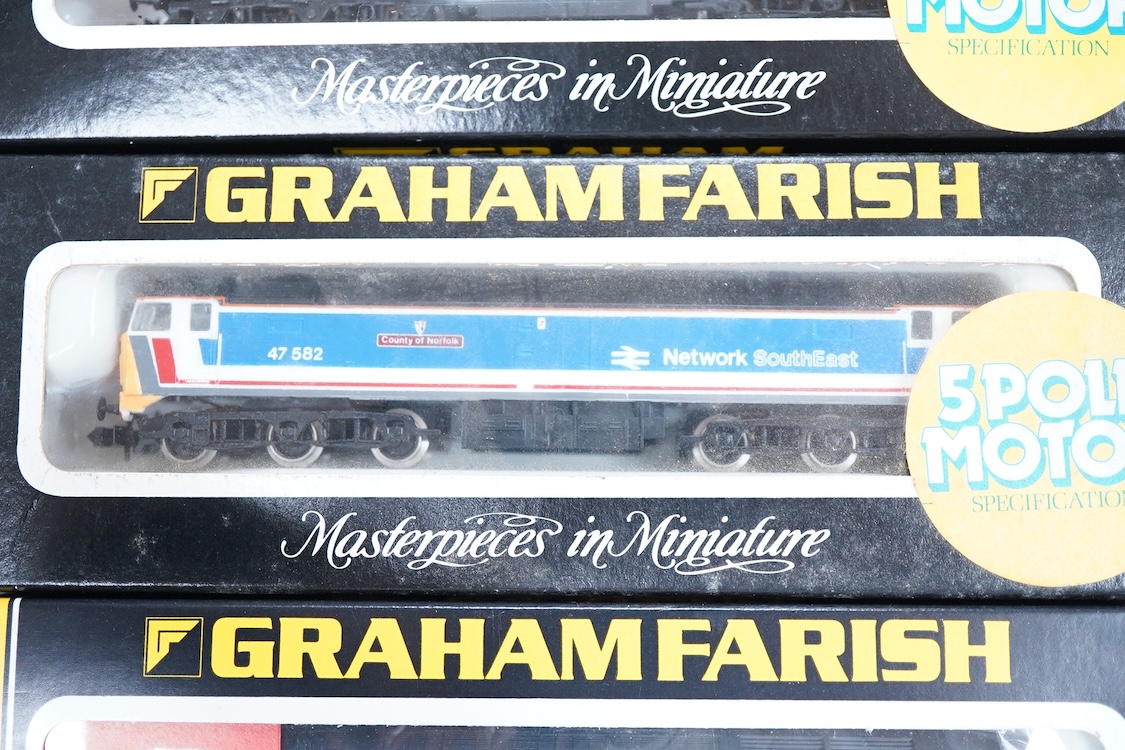 Four boxed Graham Farish N gauge railway Class 47 diesel locomotives; a Porterbrook, 47 817 (LE801A), a Network SouthEast, 47 582 (8018), a Great Western, SS Great Britain 47813, (8002) and a Parcels, Track 29 47479 (802